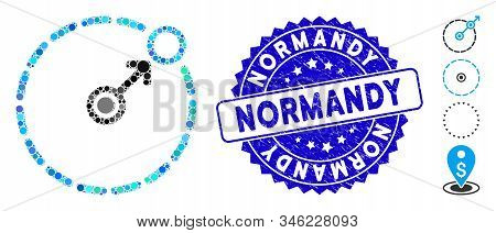 Collage Round Area Border Icon And Rubber Stamp Seal With Normandy Text. Mosaic Vector Is Composed W