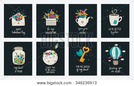 Vector Hand Drawing Set. Poster Collection With Cute Doodle Illustrations And Lovely Slogan. Valenti