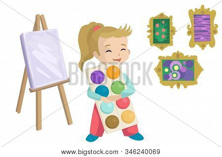 Girl Holding Paints, Drawing Holt And Paintings. Vector Illustration