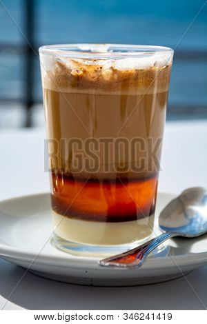 Special Coffee Of Canarian Islands In Spain, Sweet Barraquito Coffee With Layers And Alcohol Served 