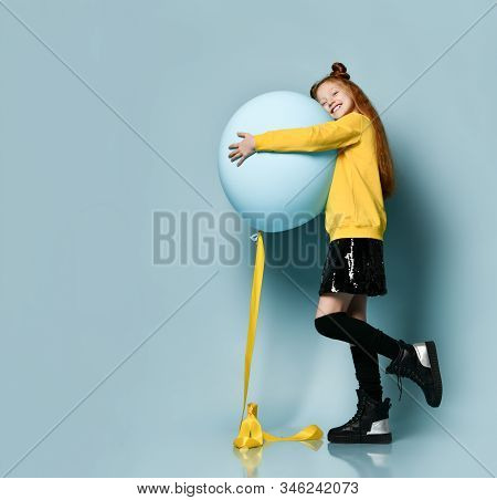 Ginger Teenage Child With Fancy Hairstyle, In Yellow Sweatshirt, Black Skirt, Knee-highs, Boots. Smi