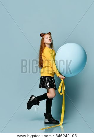 Red-headed Teenage Girl With Fancy Hairstyle In Yellow Sweatshirt, Black Skirt, Knee-highs, Boots. S