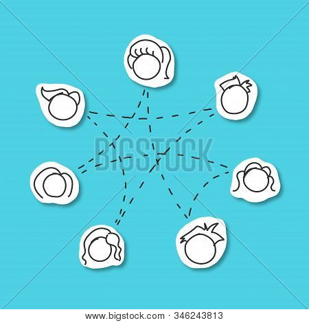 Schematic Of Collaboration And Cooperation, Young People Connected By Dotted Lines, Blue Background