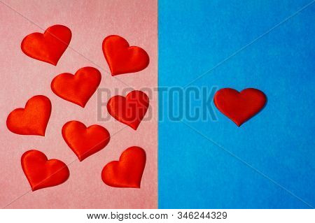 Many Hearts In Pink Color Side And One Heart In Blue Color Side Background. Copy Space, Many Women O