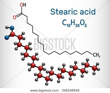 Stearic Acid,  Octadecanoic, Saturated Fatty Acid Molecule. Structural Chemical Formula And Molecule