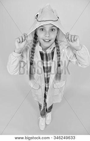 Rainproof Accessory. Schoolgirl Hooded Raincoat Enjoy Rainy Weather. Waterproof Clothes Every Kid Sh