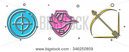 Set Target Sport For Shooting Competition, Flying Duck On Shield And Bow And Arrow In Quiver Icon. V