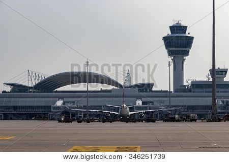 Munich, Germany - April 19, 2019 : Airplane On Tarmac At Munich Airport On Terminal 2, Named Franz J