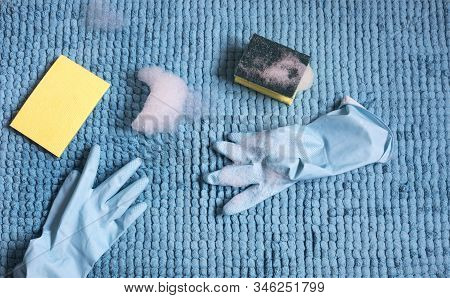Female Hands Doing Spring Cleaning With Latex Gloves Sponges And Foam