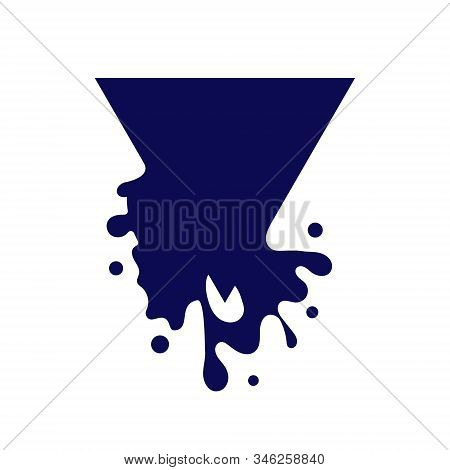 Dripping Triangle Dark Blue Icon. Liquid Paint Flows. Melted Logo. Current Paint, Stains. Mockup Of 