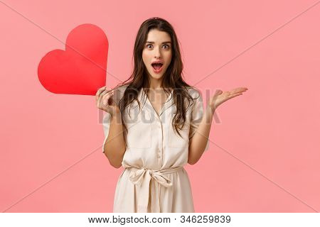Surprise, Relationship And Love Concept. Amused And Wondered Alluring Woman Didnt Expact Receive Val