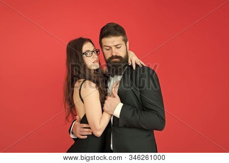 Love Is In The Air. Couple In Love Enjoy Romantic Relations. Bearded Man And Sexy Woman In Loving Re