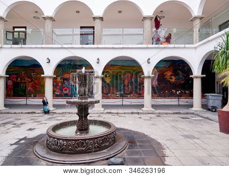 San Pedro Cholula, Mexico, October 17, 2018 - Inner Square With Porch And Fountain Of San Pedro Chol