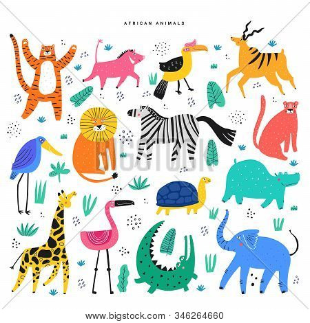 African Animals And Plants Flat Illustrations Set
