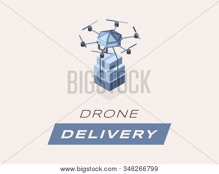 Drone Delivery Isometric Banner Template. 3d Cartoon Quadrotor With Parcels And Boxes Isolated Illus