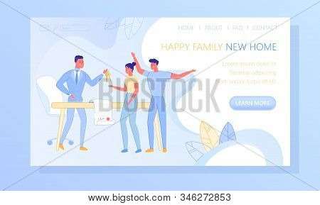 Buying New Home For Family Flat Vector Web Banner, Landing Page Template. Excited, Young Couple Sign