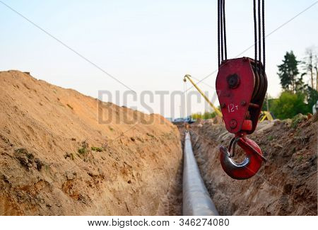 Natural Gas Pipeline Construction Work. A Dug Trench In The Ground For The Installation And Installa