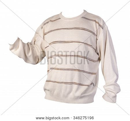 Knitted Hakki Brown Beige Color Sweater With A Zipper Isolated On A White Background. Mens Sweater U