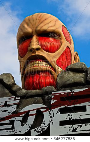 Osaka, Japan - Jan 20 2020 : Attack On Titan/race For Survival Xr Ride Sign At Universal Studios Jap