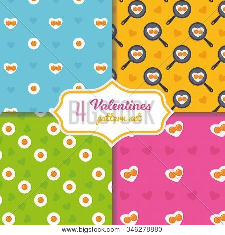 Cute Cartoon Seamless Pattern Set. Heart Shape Fried Eggs On The Pan. Valentines Day Concept. Easter