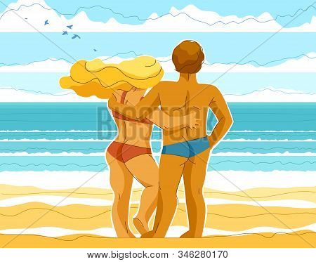 Couple In Love Standing On Seashore Beach And Watching The Sea Vector Illustrations, Husband And Wif