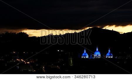 Panoramic Night View At City Cuenca And New Cathedral Or Catedral De La Inmaculada Concepción De Cue