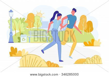 Informational Poster Young Couple Jogging In Park. Man And Woman Are Running Around Park And Smiling