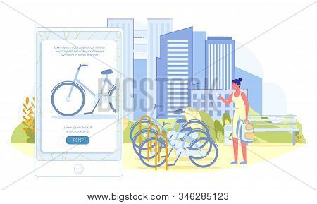 Flat Banner, Girl Pays Bike Rental By Internet. Woman Went For Walk And Stands Near Bicycle Parking 