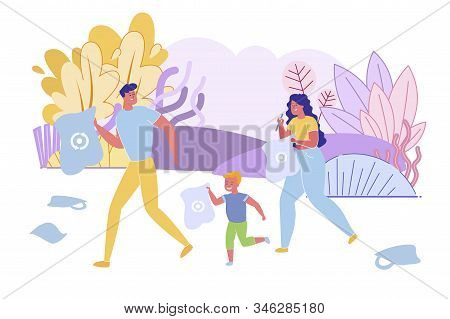 Bright Poster, Parents Teach Child Charity Park. Young Couple With Son Collect Garbage In Special Pa