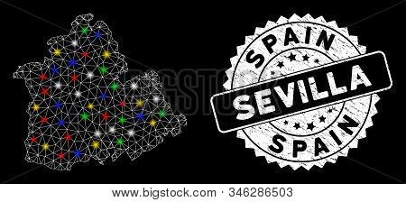 Bright Mesh Sevilla Province Map With Glow Effect, And Watermark. Wire Carcass Triangular Sevilla Pr