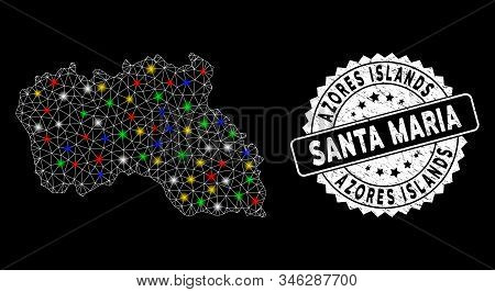 Bright Mesh Santa Maria Island Map With Glare Effect, And Watermark. Wire Frame Triangular Santa Mar