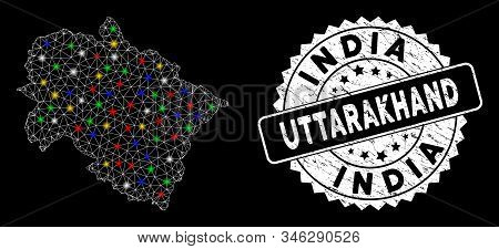 Bright Mesh Uttarakhand State Map With Lightspot Effect, And Seal. Wire Frame Triangular Uttarakhand