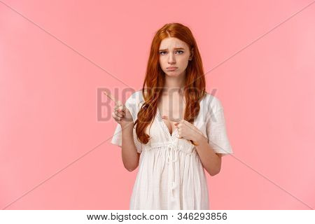Waist-up Portrait Gloomy And Insecure, Upset Cute Redhead Girl, Pouting Looking Distressed Or Offend