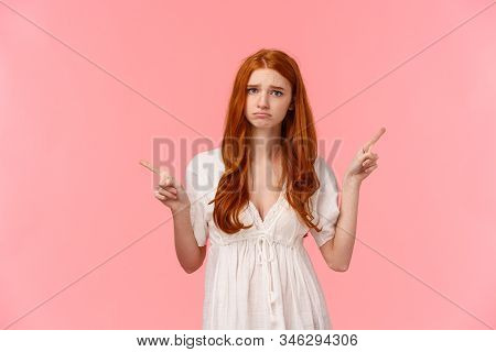 Upset, Pouting And Gloomy Silly Redhead Female In White Dress, Whining, Telling About Bad Experience