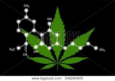 White Colored Cannabidiol Cbd Molecule On Flat Green Hemp Leaves Silhouette, Stock Vector Illustrati