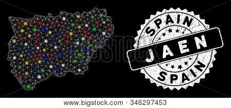 Bright Mesh Jaen Spanish Province Map With Lightspot Effect, And Watermark. Wire Carcass Triangular 
