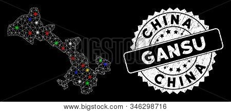 Bright Mesh Gansu Province Map With Lightspot Effect, And Seal. Wire Frame Polygonal Gansu Province 
