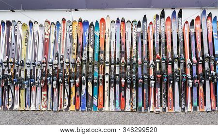 Montreal, Canada - December 23, 2019: Alpine Downhill Skis Of Different Brands Such As Atomic, Rossi