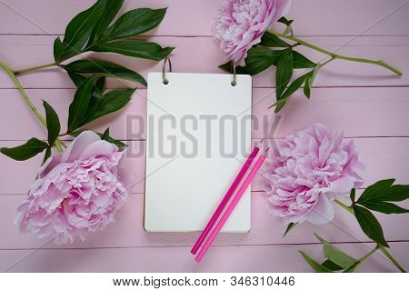 Peony Flowers. Spring Flat Lay.floral Mockup.spring To Do List.blank Notebook, Pink Peony Flowers An
