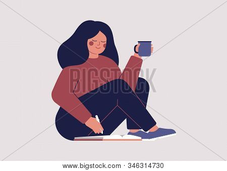 Young Woman Goes Through Her Datebook In The Morning And Plans Her Day. Happy Girl Is Drinking Coffe