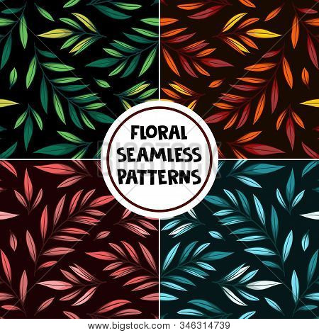 Set Of Vector Seamless Patterns With Colorul Branches And Leaves On Black Background; Floral Design 