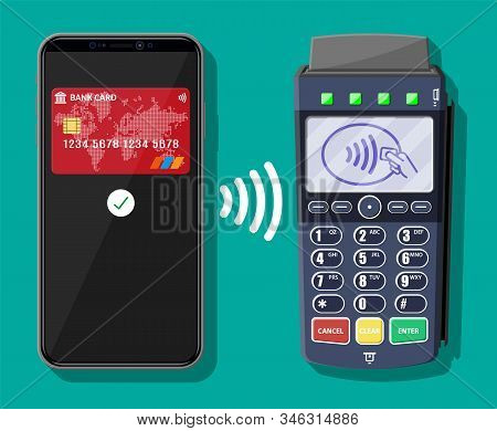 Pos Terminal And Mobile Smartphone Payment Transaction. Wireless, Contactless Or Cashless Payments, 