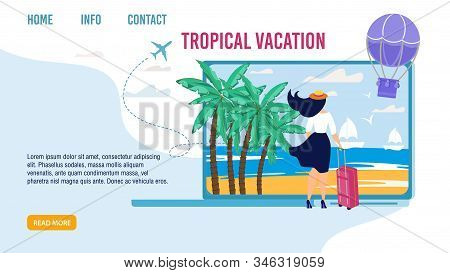 Landing Page For Choosing Best Tropical Vacation. Woman Standing With Luggage Bag And Looking Forwar