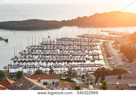 Vrsar, Croatia - May 22, 2018: Top View On Yachtes, Port, Adriatic Sea And Small Croatian Town Vrsar