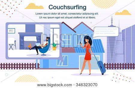 Couchsurfing Online Service, Smartphone Application Trendy Flat Vector Ad Banner, Promo Poster Templ