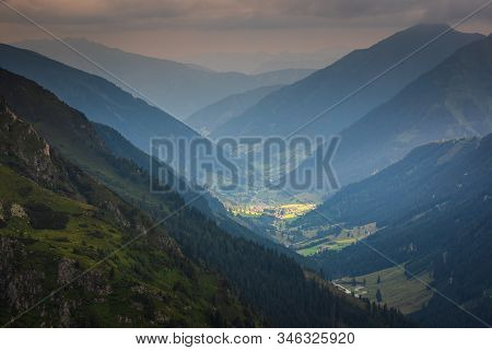 View From Solkpass To North, Stocker Village In Sunlight, Austria
