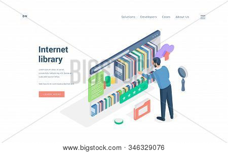 Man Using Internet Library With Good Rating Isometric Vector Illustration