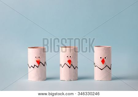 Set Of Paper White Egg For Happy Easter Seasonal Party. Easy Craft For Kids On Blue Background, Simp