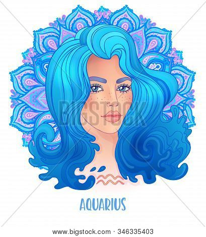 Drawing Of Aquaries Astrological Sign As A Beautiful Girl Over Ornate Mandala Pattern. Zodiac Vector