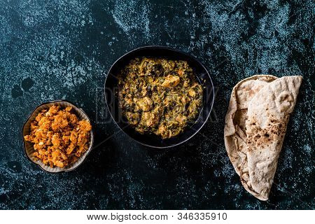 Indian Dish Spinach Lamb Palak With Gajar Ka Halwa / Helva Is A Carrot-based Sweet Dessert Pudding F